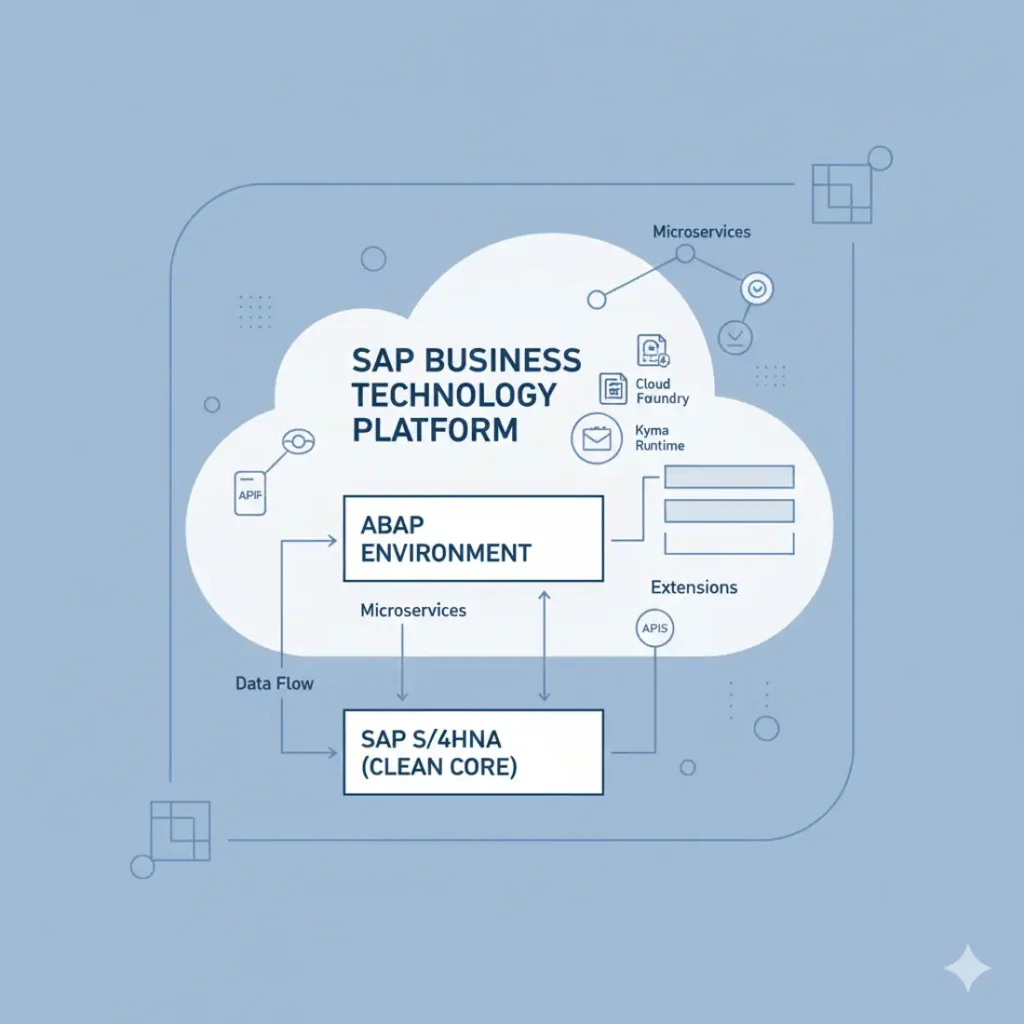 SAP BTP ABAP architecture showing ABAP environment and S/4HANA clean core
