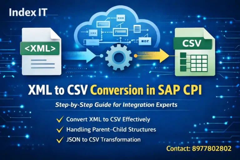 SAP CPI XML to CSV conversion step-by-step guide showing XML to CSV transformation flow in SAP Cloud Platform Integration