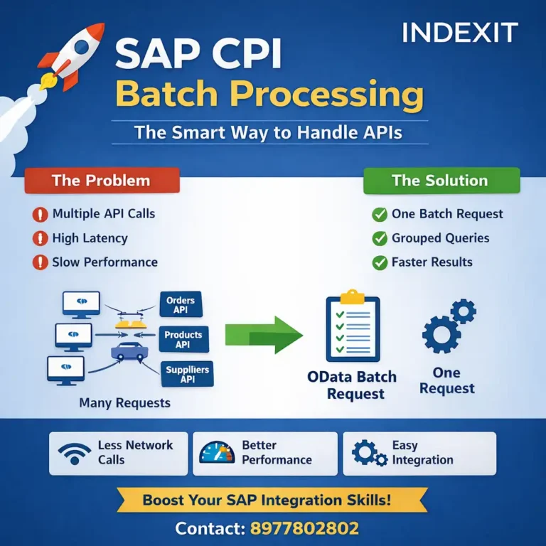 SAP CPI OData Batch Processing example showing single batch request vs multiple API calls with performance benefits