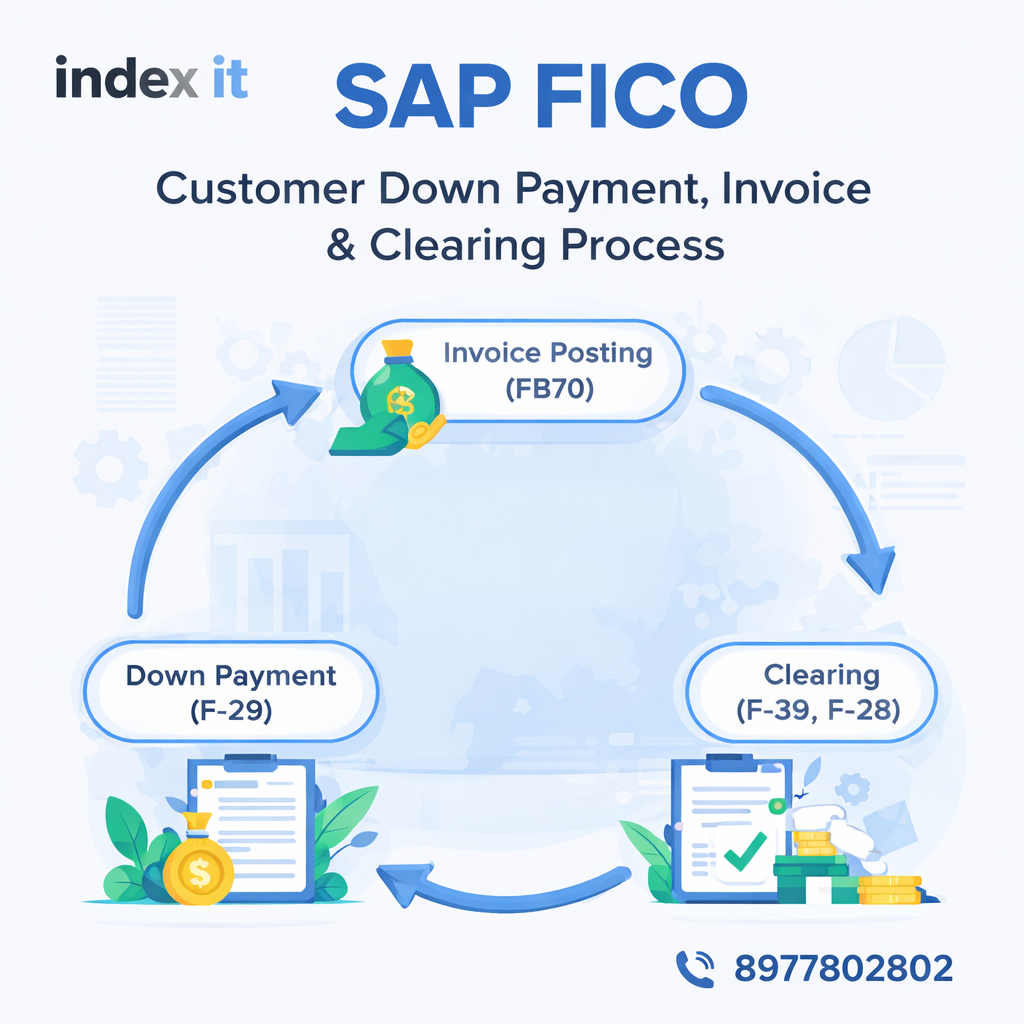 SAP FICO customer down payment, invoice posting and clearing process explained with real-time workflow