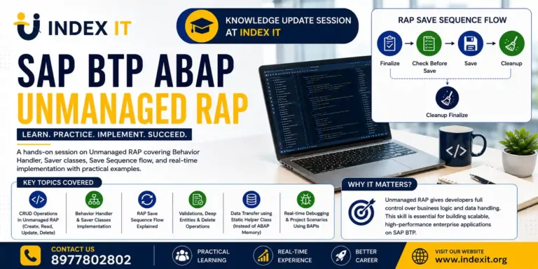 SAP BTP ABAP Unmanaged RAP training session explaining behavior handler, saver class, CRUD operations, and RAP save sequence flow at Index IT